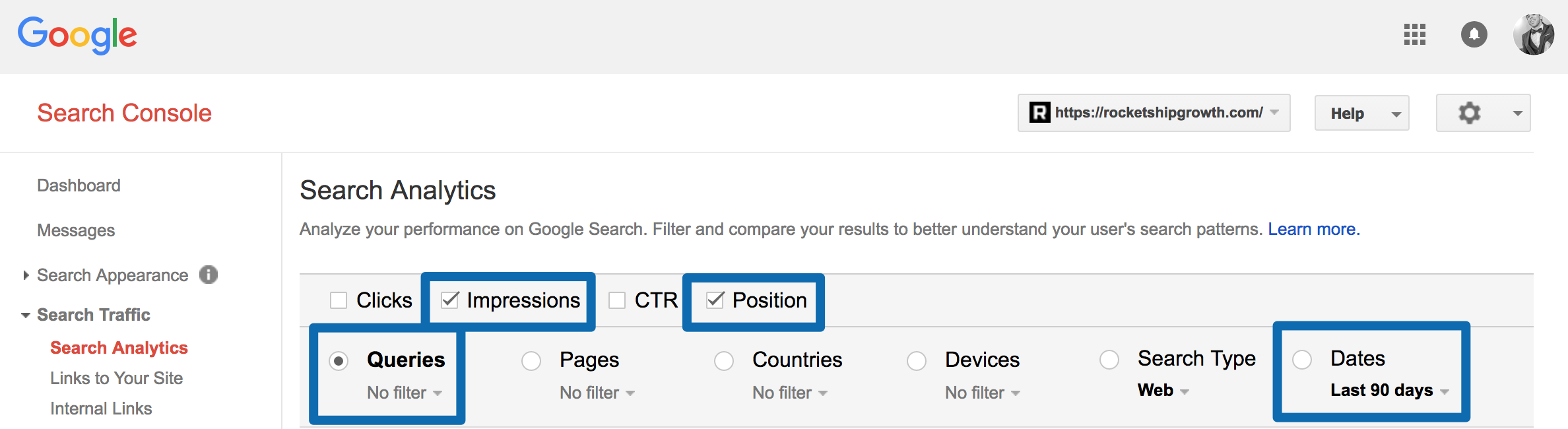 Screenshot showing an analytics search on the Google search console