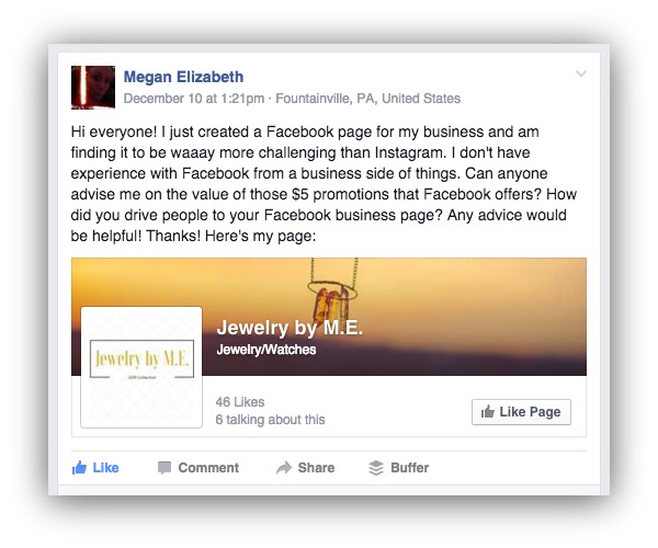 Screenshot of someone doing free facebook marketing