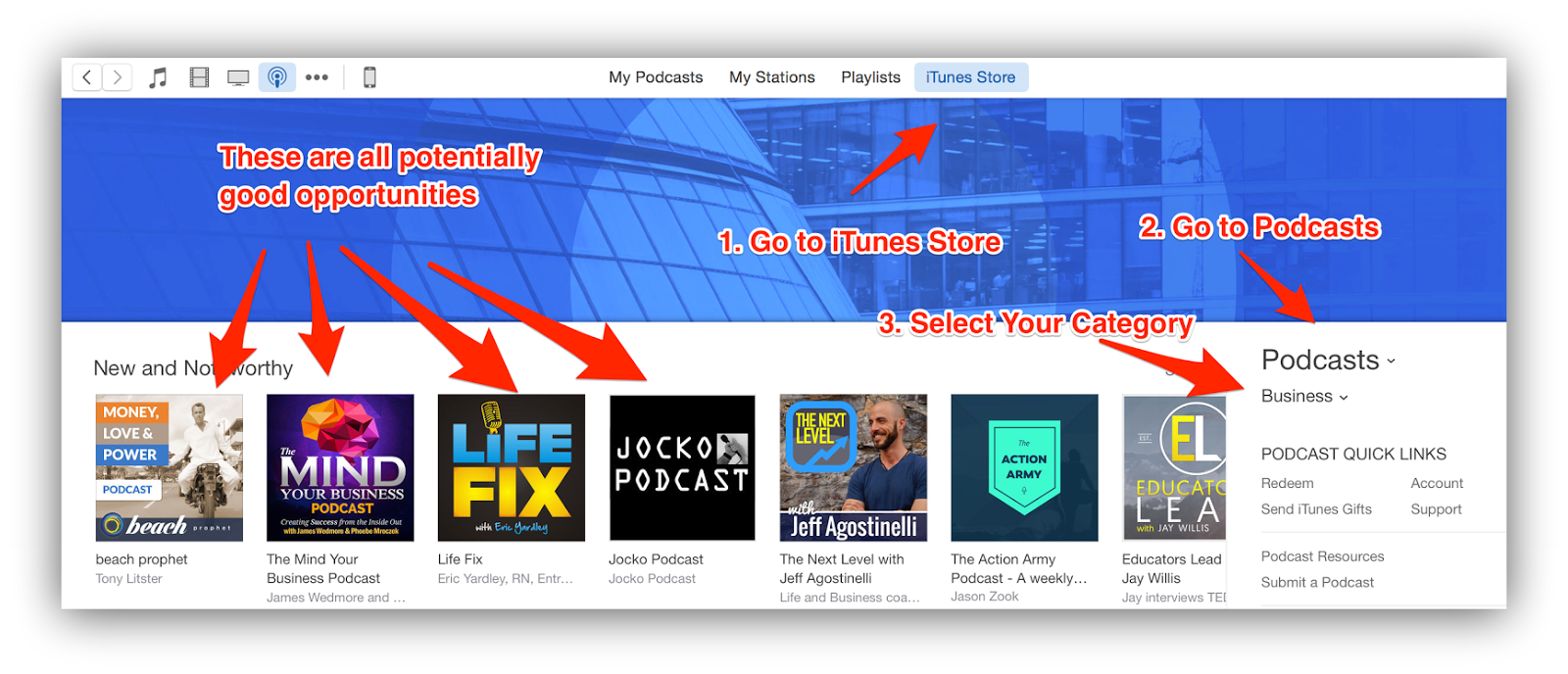 Screenshot of podcasts on the itunes store