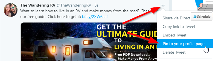 Screenshot of steps to pin tweet from The Wandering RV