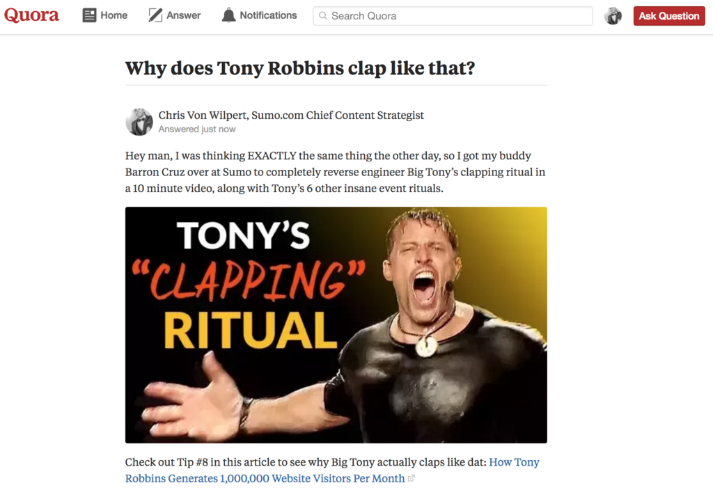 Screenshot of a page on Quora, and an answer by Chris Von Wilpert linking to a Sumo content piece