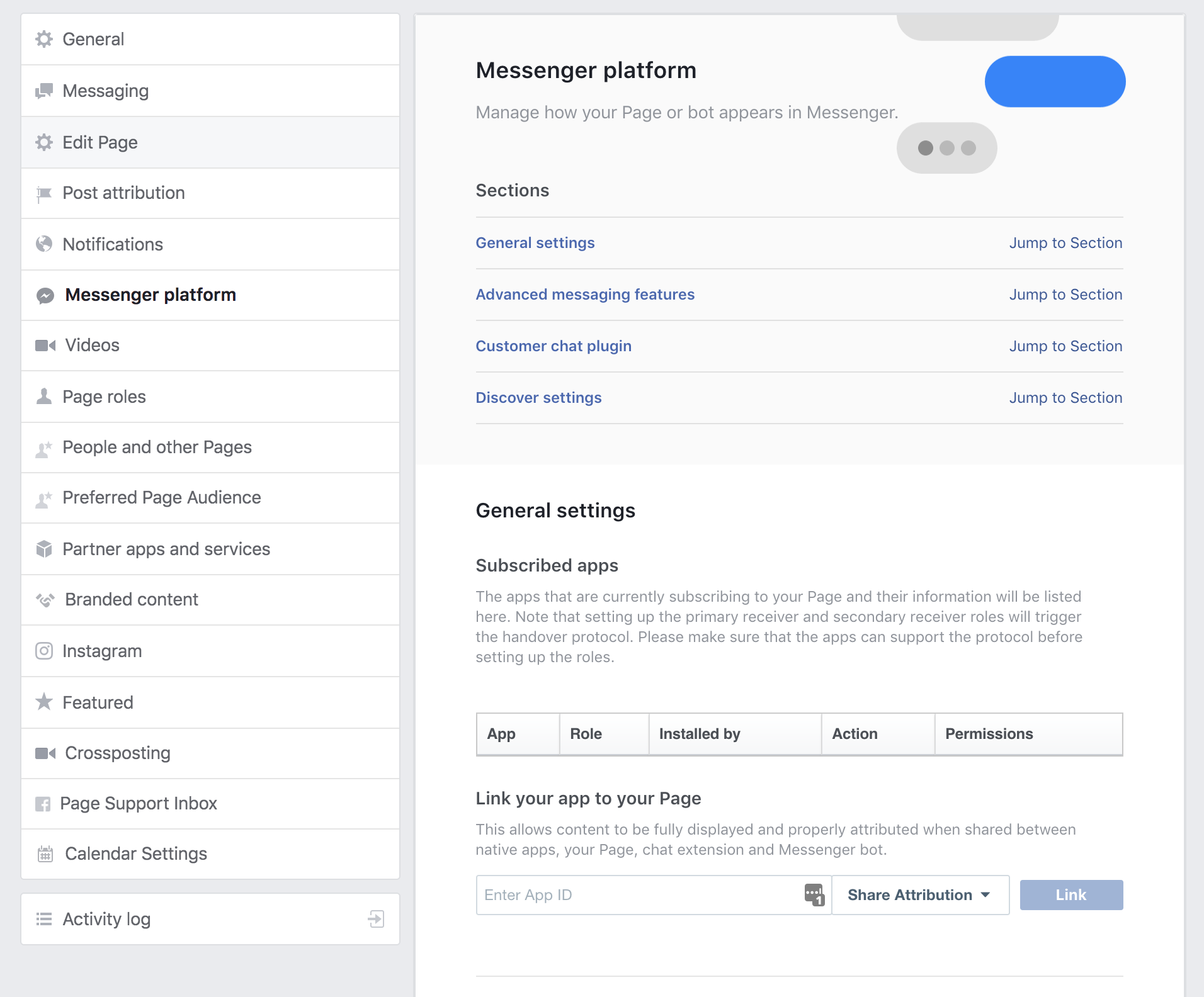 Screenshot showing messenger platform settings