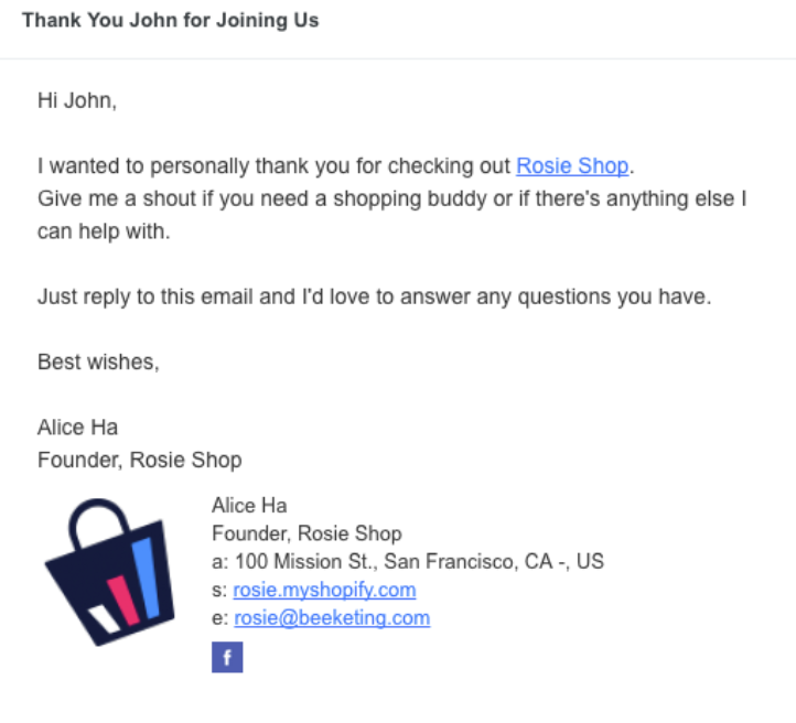 Screenshot showing a thank you email