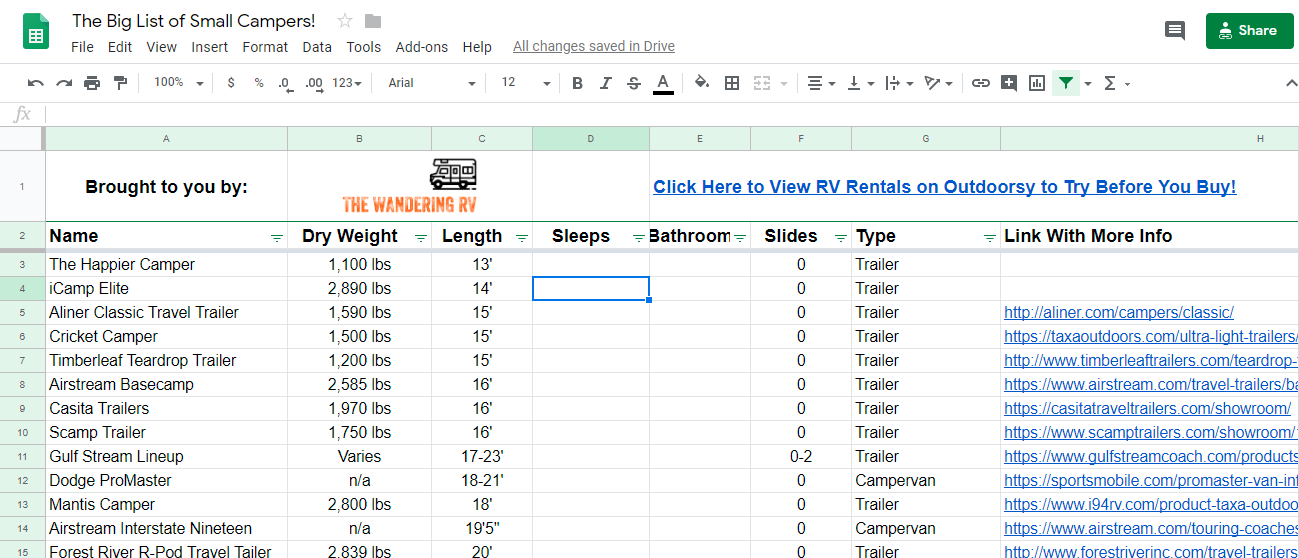 Screenshot of Google Sheets with a list of 50 small campers that can be filtered by size, weight, price, and more