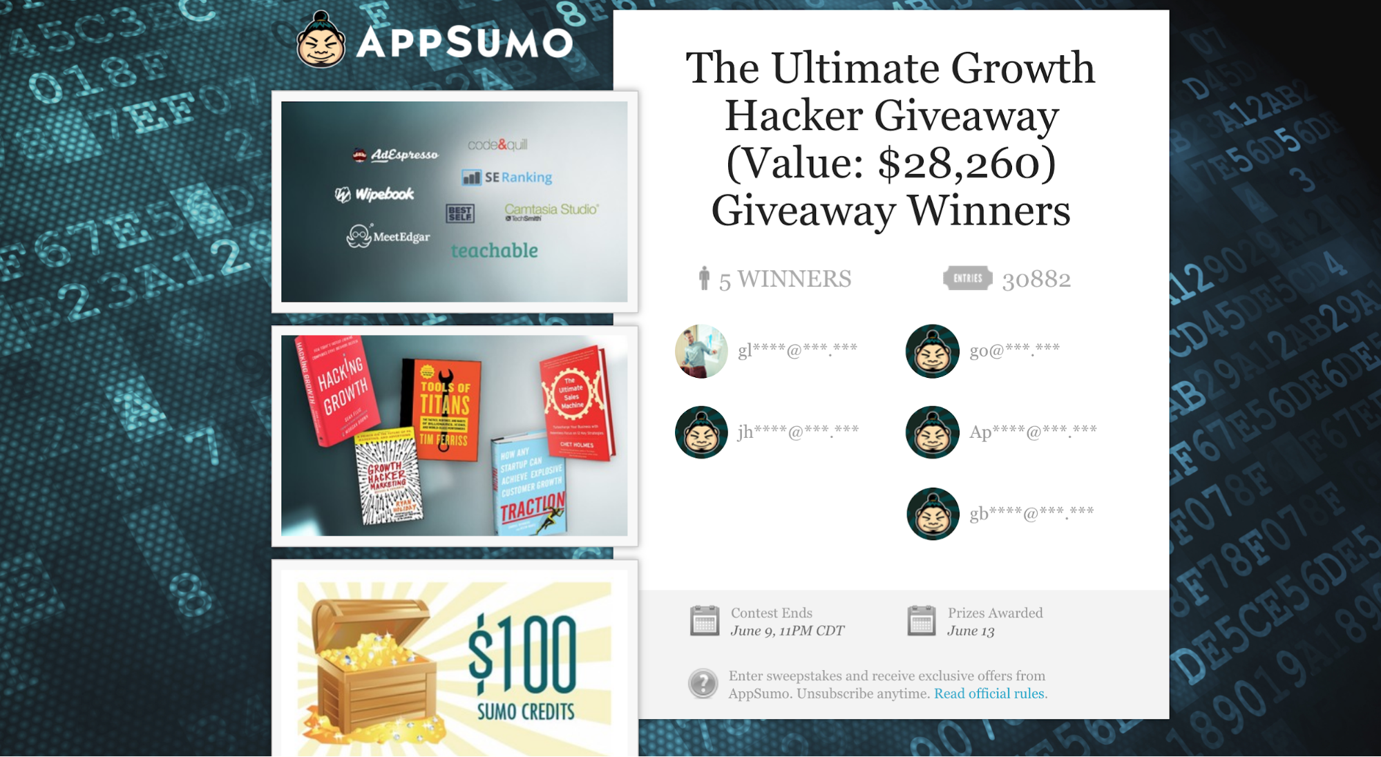 Screenshot showing an appsumo giveaway