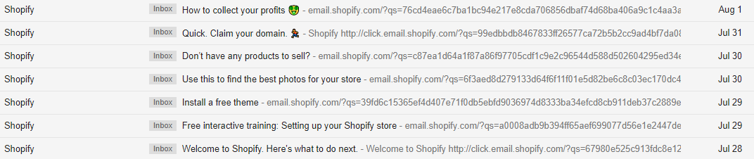 Screenshot of emails sent by shopify