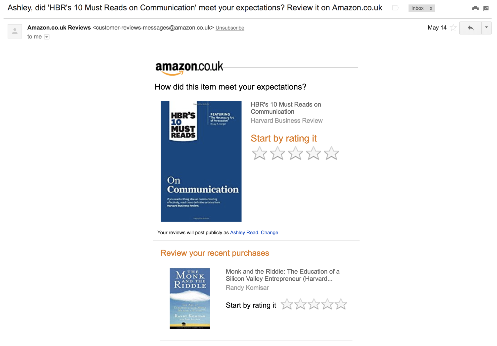 Screenshot showing an email by amazon.co.uk