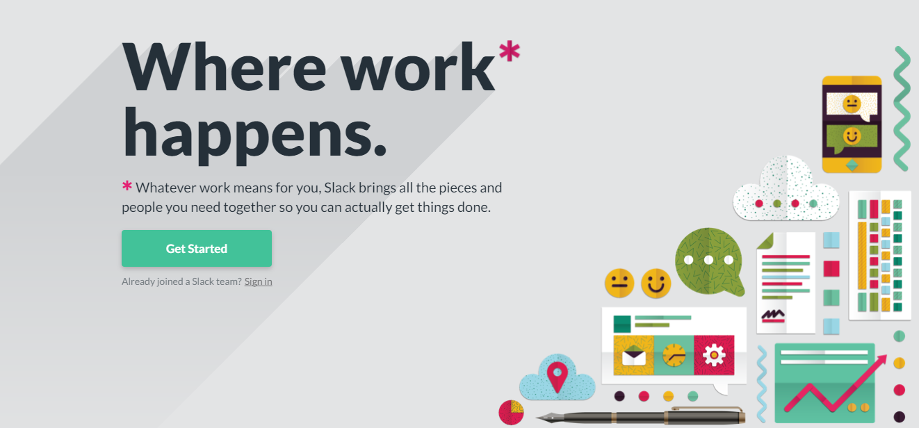 Screenshot showing a landing page for Slack