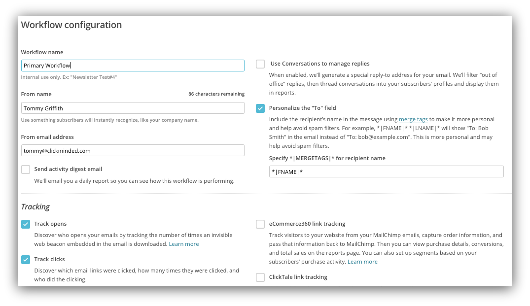 Screenshot showing how you can configure a click trigger using Mailchimp