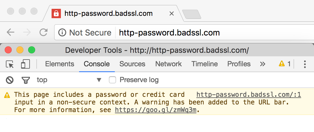 Screenshot showing a google chrome warning