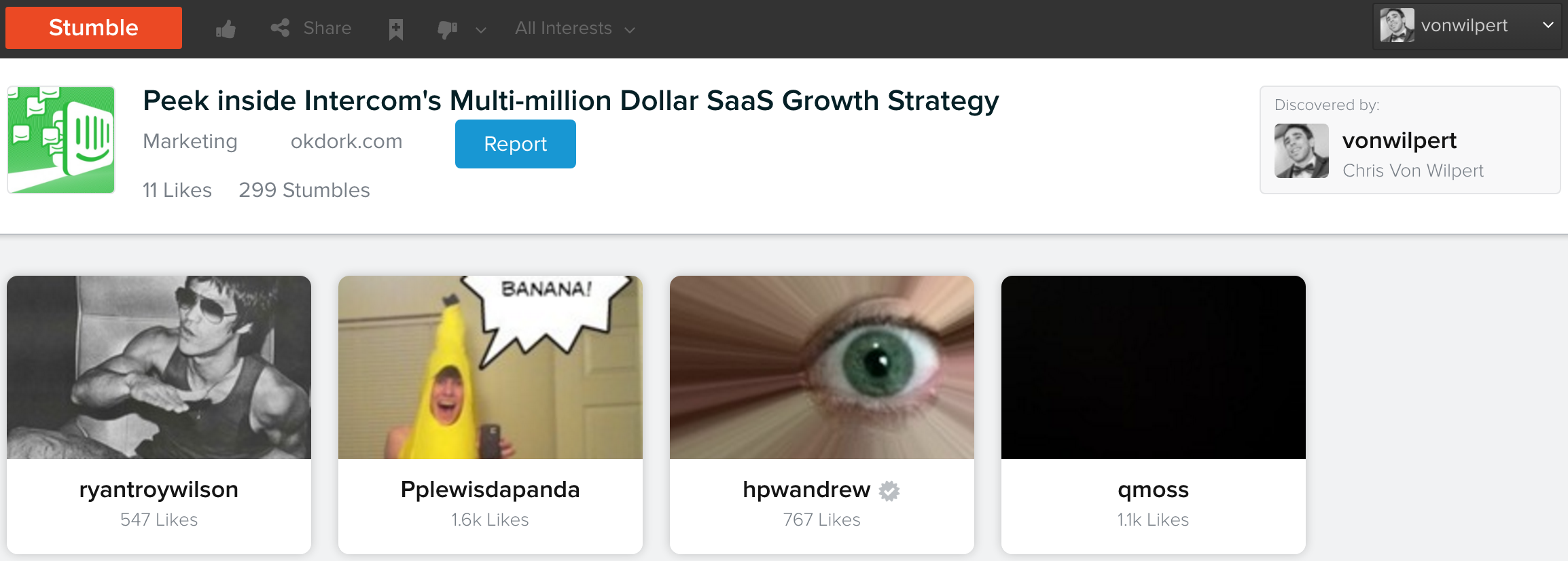 Screenshot of a StumbleUpon page featuring an okdork article