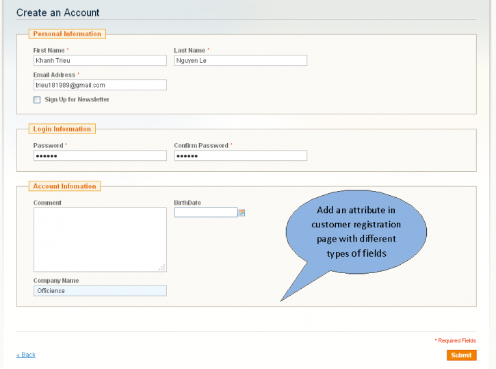 Screenshot showing an account creation page