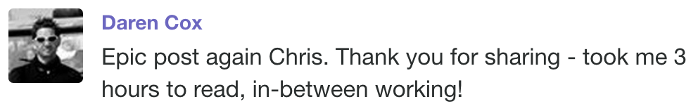 Screenshot of a post by Daren Cox, praising an article