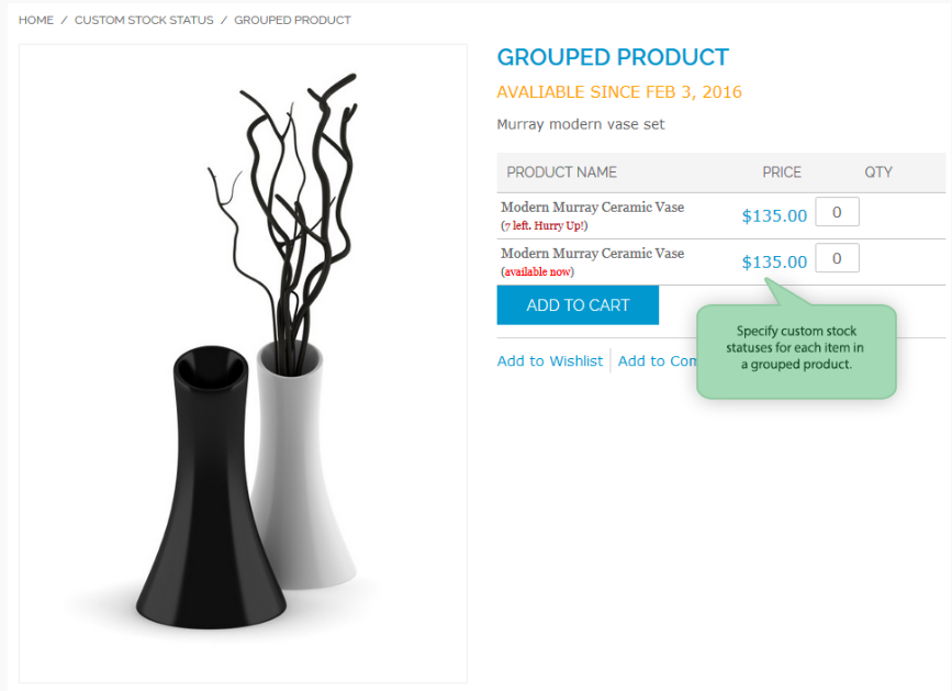 Screenshot showing a product page with the option to choose quantity