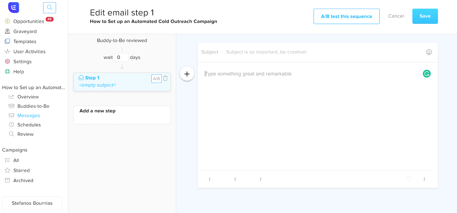 Lemlist edit email template step 1