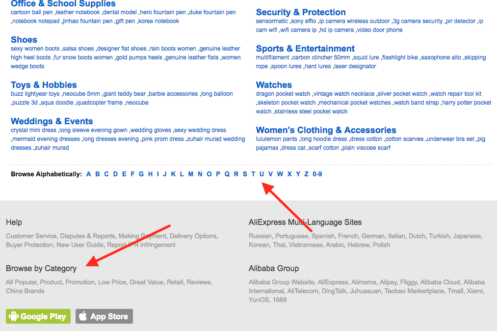 Screenshot showing "browse by category" page on aliexpress