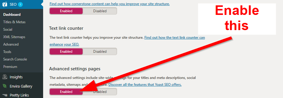 Screenshot showing yoast SEO settings on wordpress