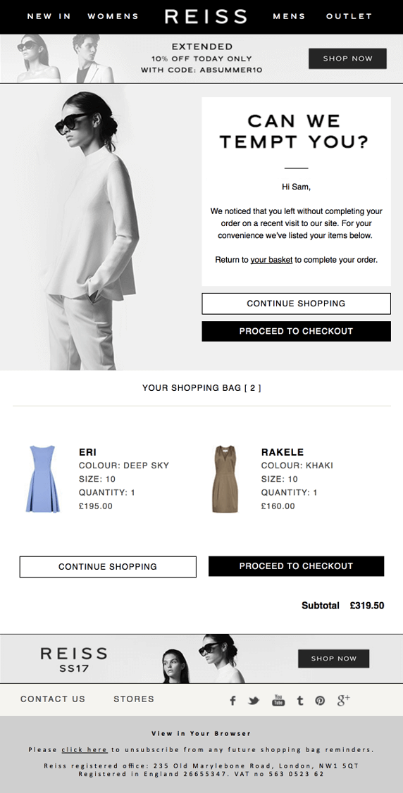 Screenshot showing the cart page on Reiss