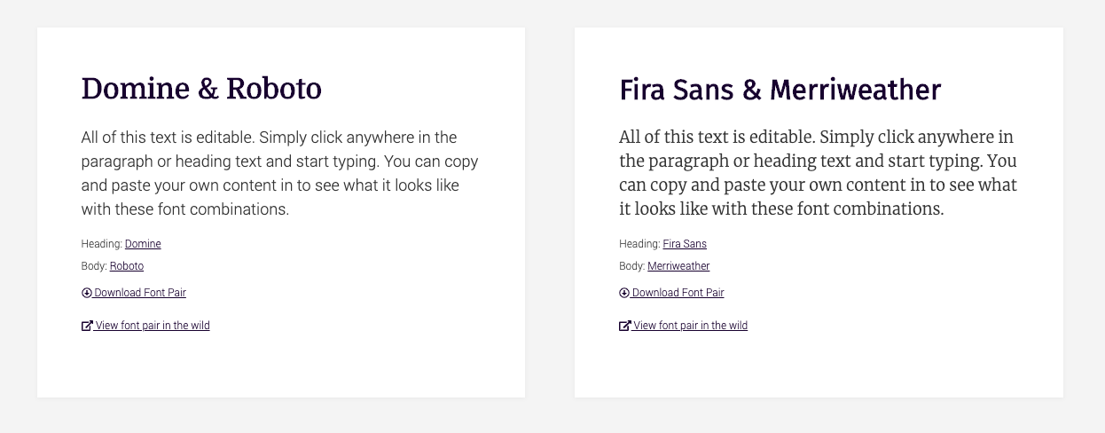 Screenshot of FontPair to find the perfect font pair for your site