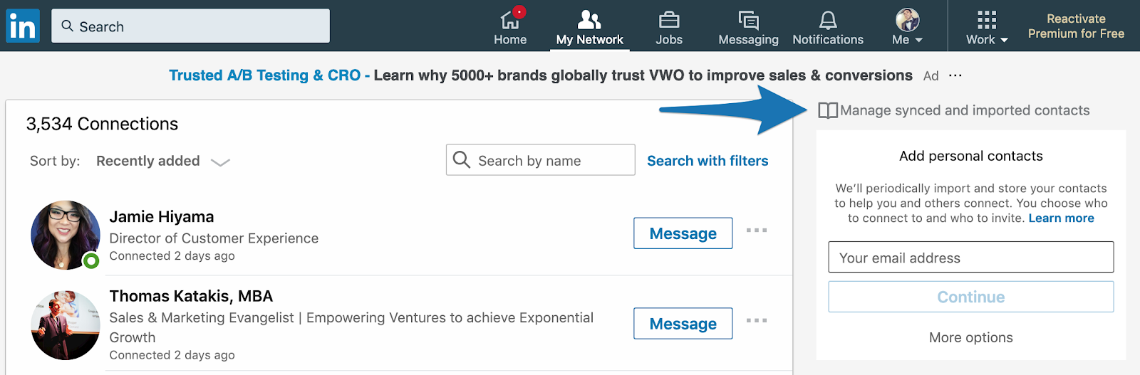 Screenshot showing LinkedIn contact dashbaord