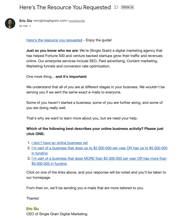 Screenshot of a well-written welcome email from Eric Siu (CEO of Single Grain)