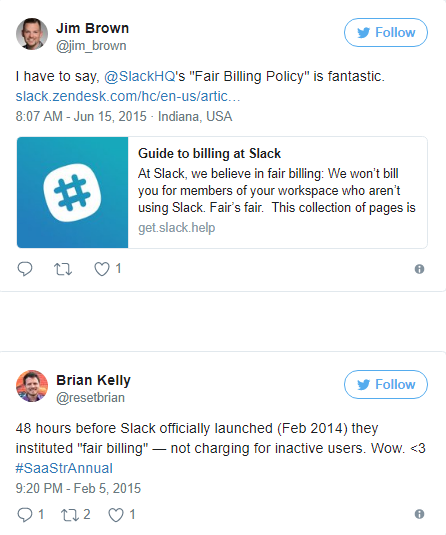 Screenshot showing two different tweets talking about Slack