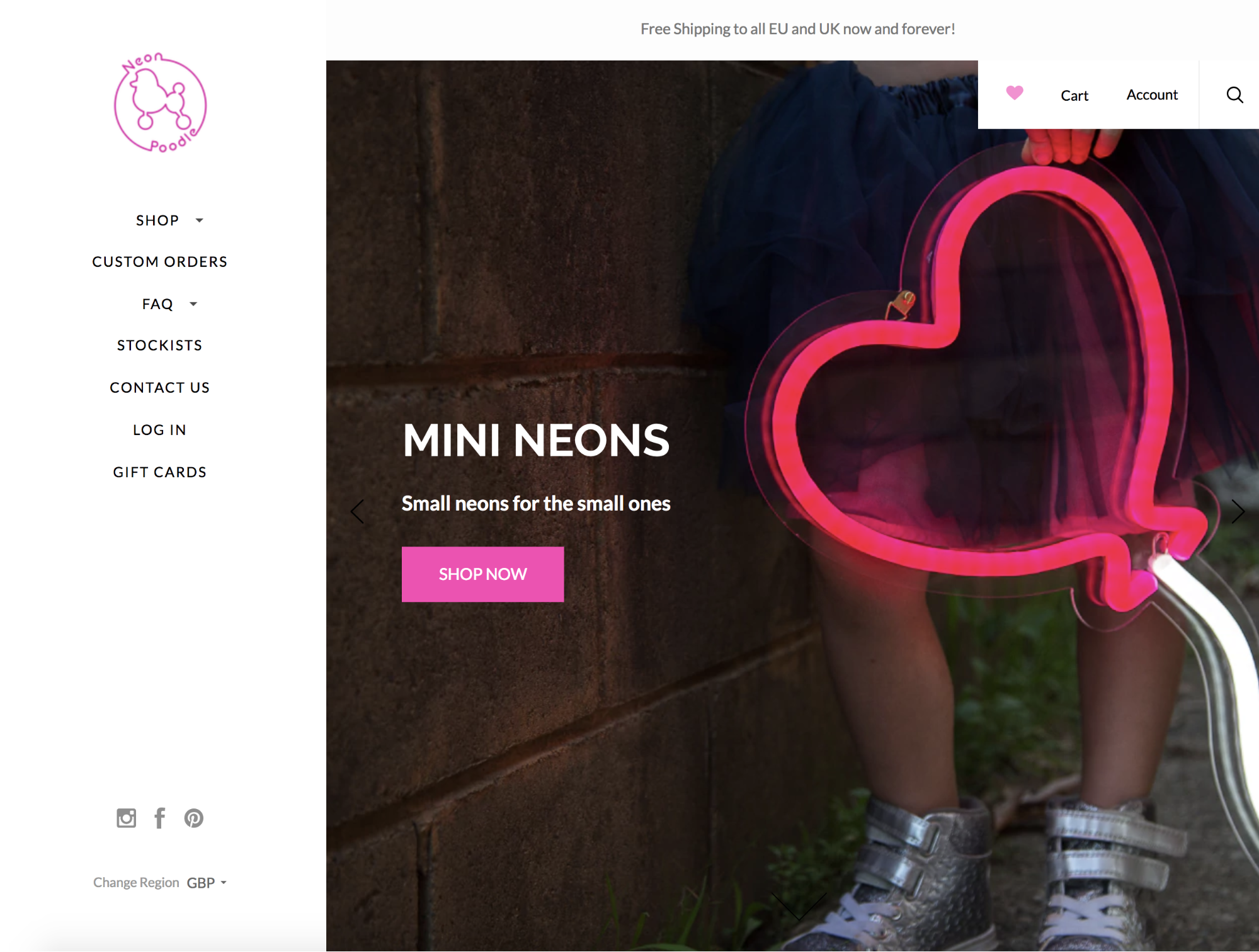 Screenshot showing a landing page on a store that sells neons