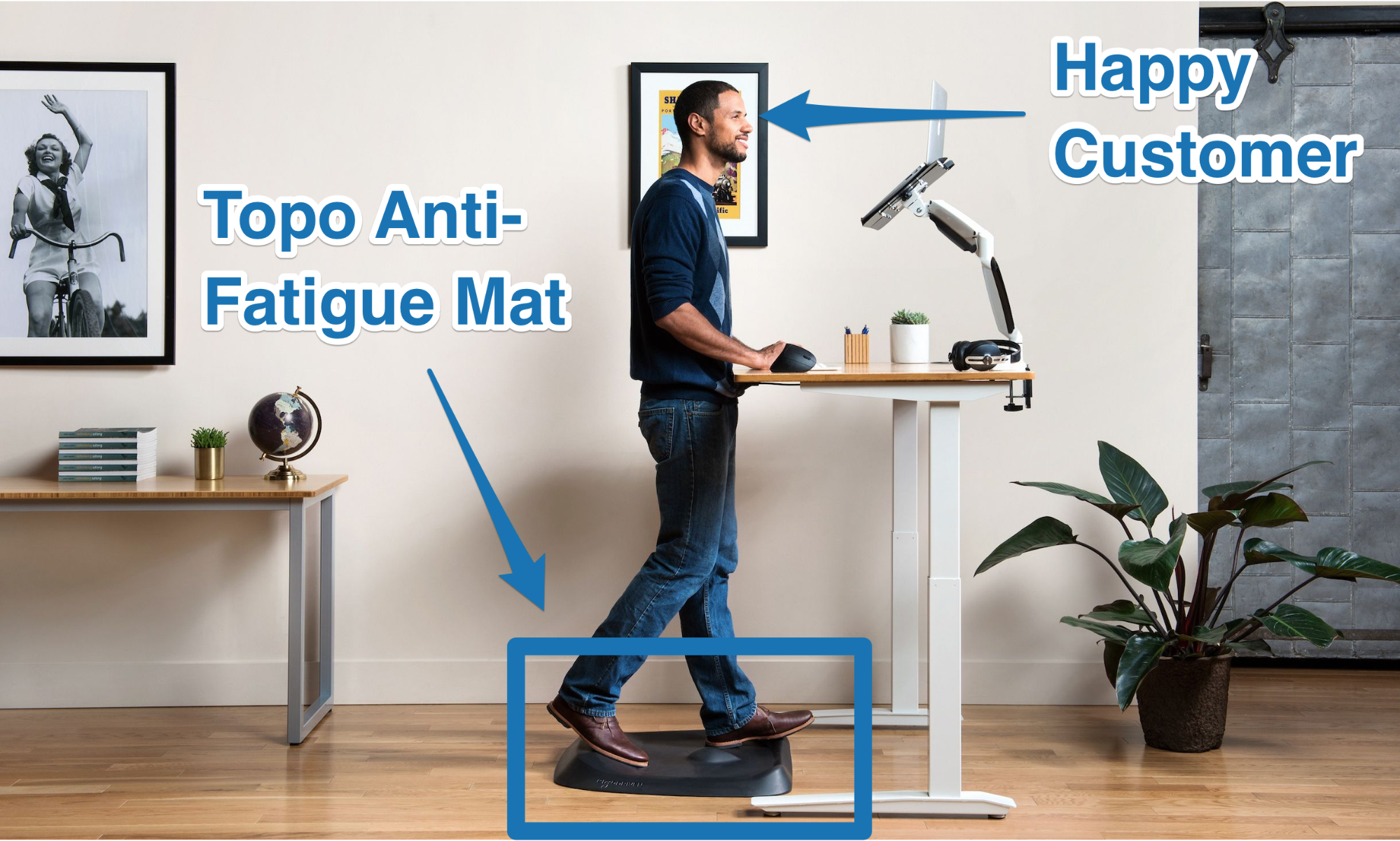 Picture of a man standing on a standing desk floor mat