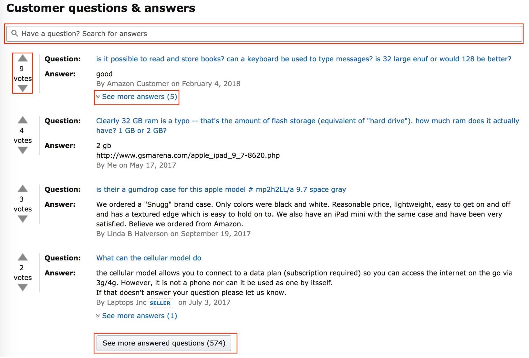 Screenshot showing amazon product questions and answers