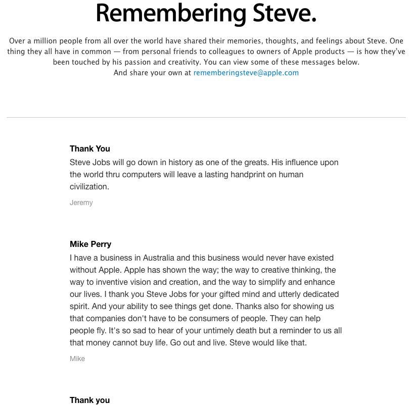 Screenshot showing the "remembering steve jobs" page on apple.com
