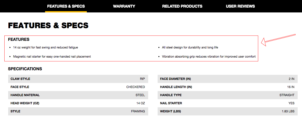 Screenshot showing features and specs for a product