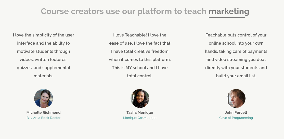 Screenshot showing testimonials for a platform