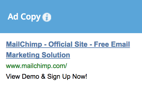 Screenshot showing ad copy for mailchimp