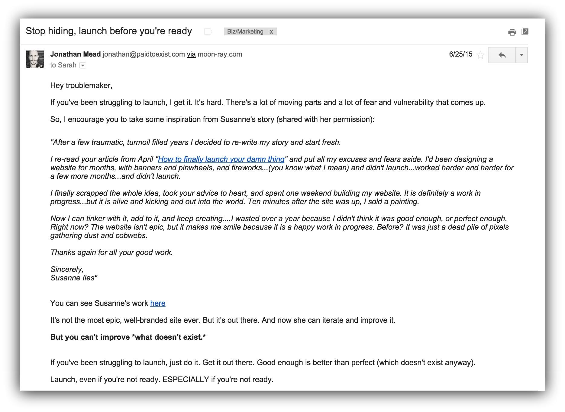 Screenshot of an email sent by Jonathan Mead of paidtoexist