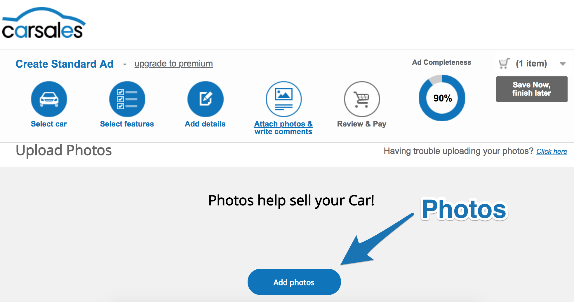 Screenshot showing the "Add photos" page on carsales
