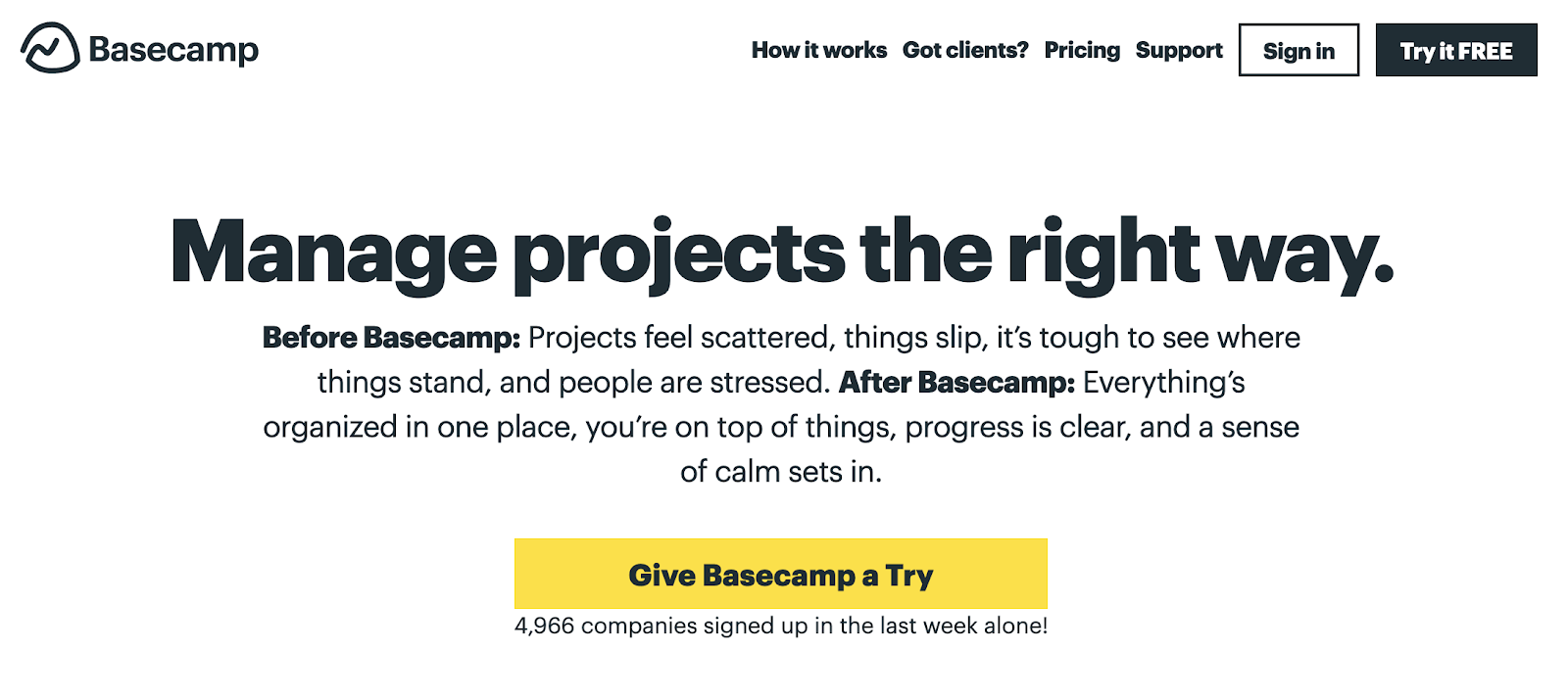 Screenshot of Basecamp website using CTAs