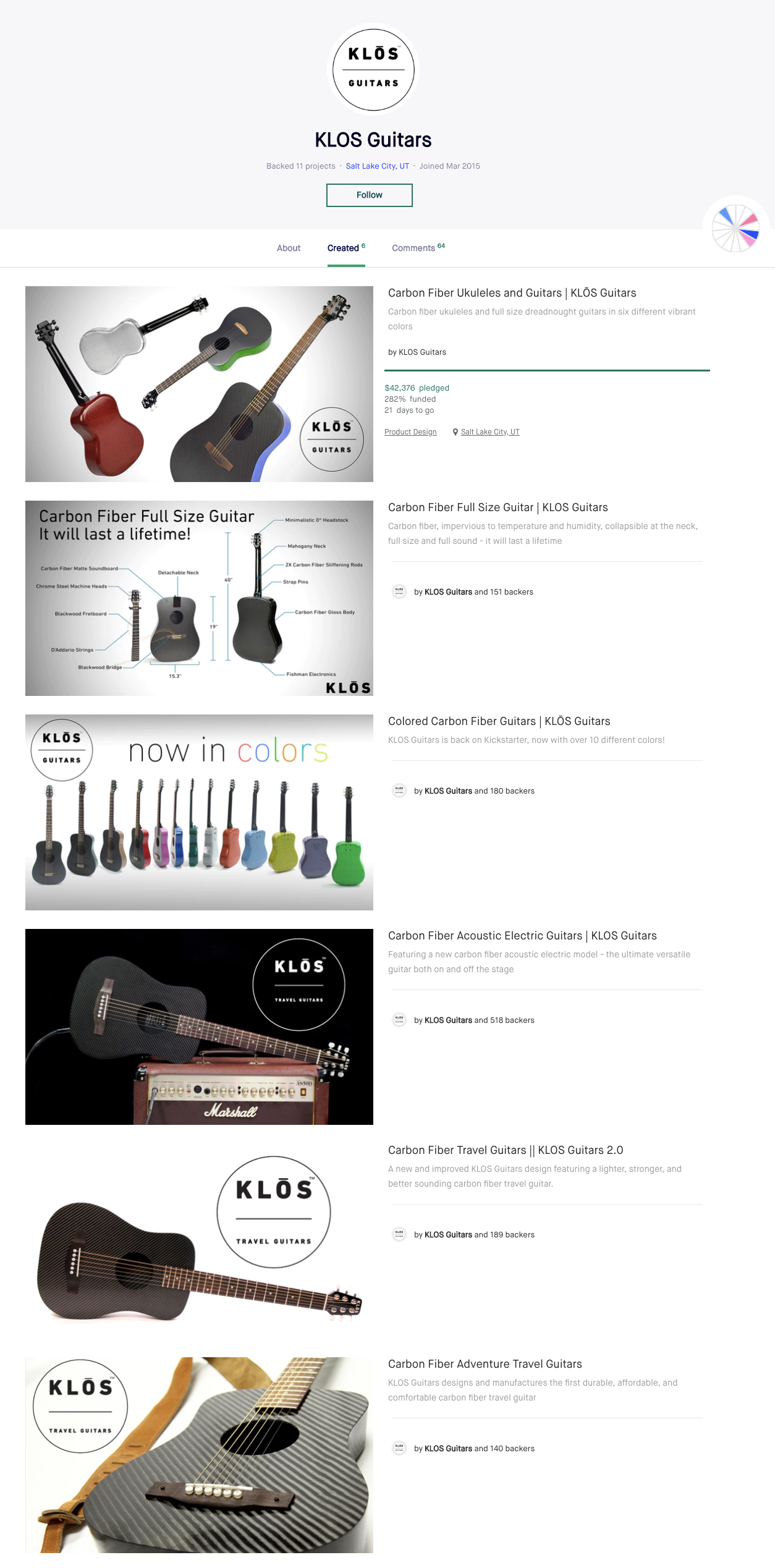 Screenshot showing KLOS Guitars Kickstarter launches