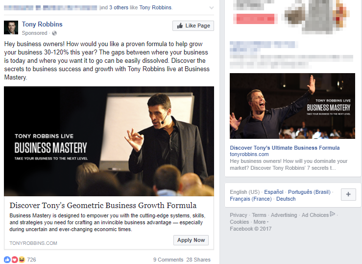 Screenshot showing two individual Facebook posts by Tony Robbins