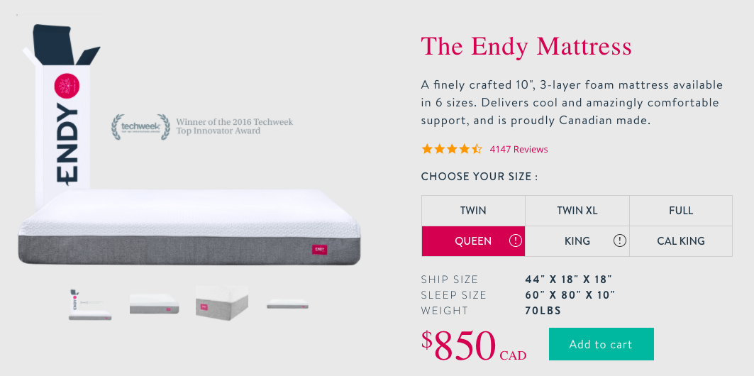 Screenshot showing a product page for a mattress
