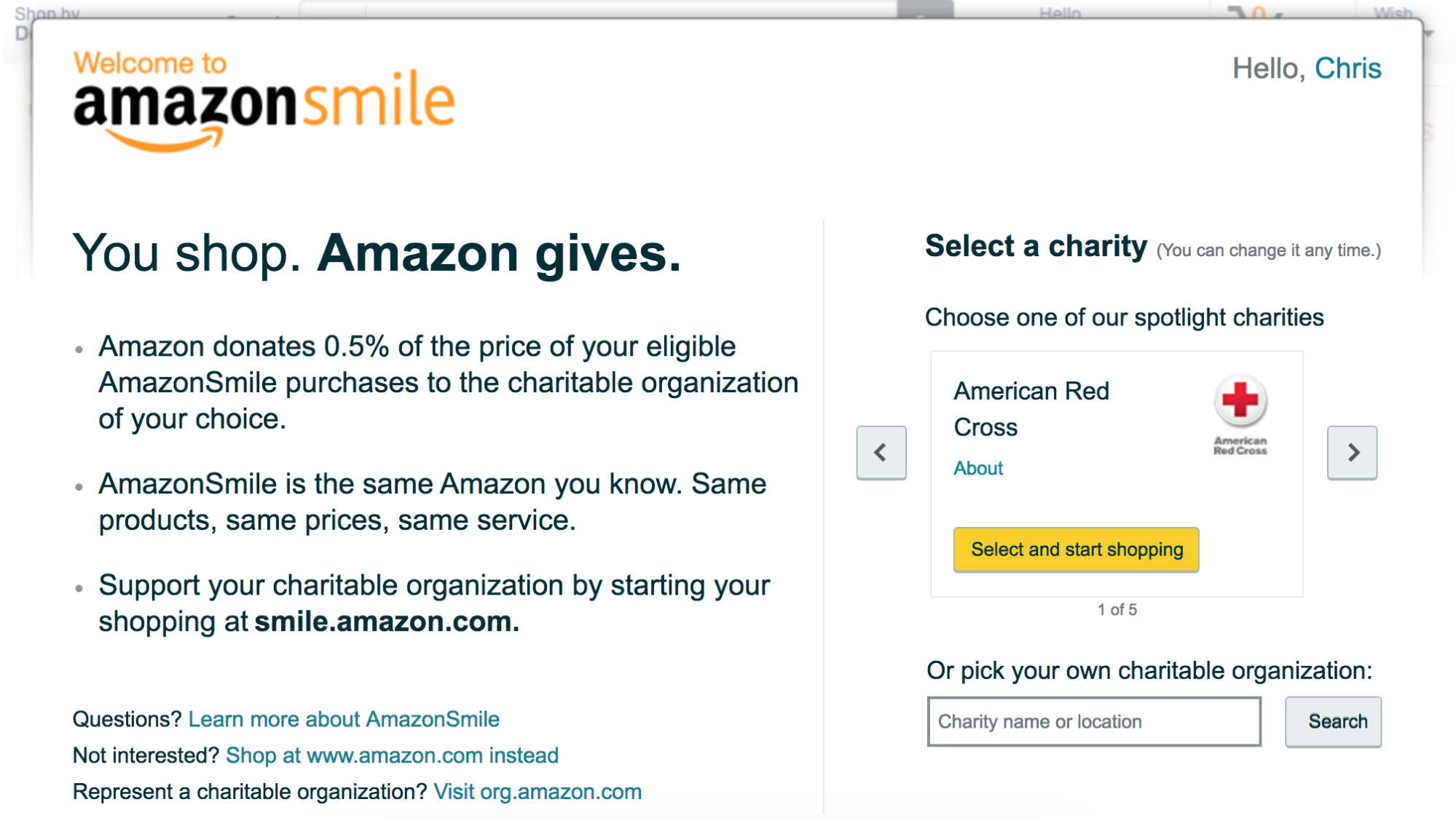 Screenshot showing an email about amazon smile