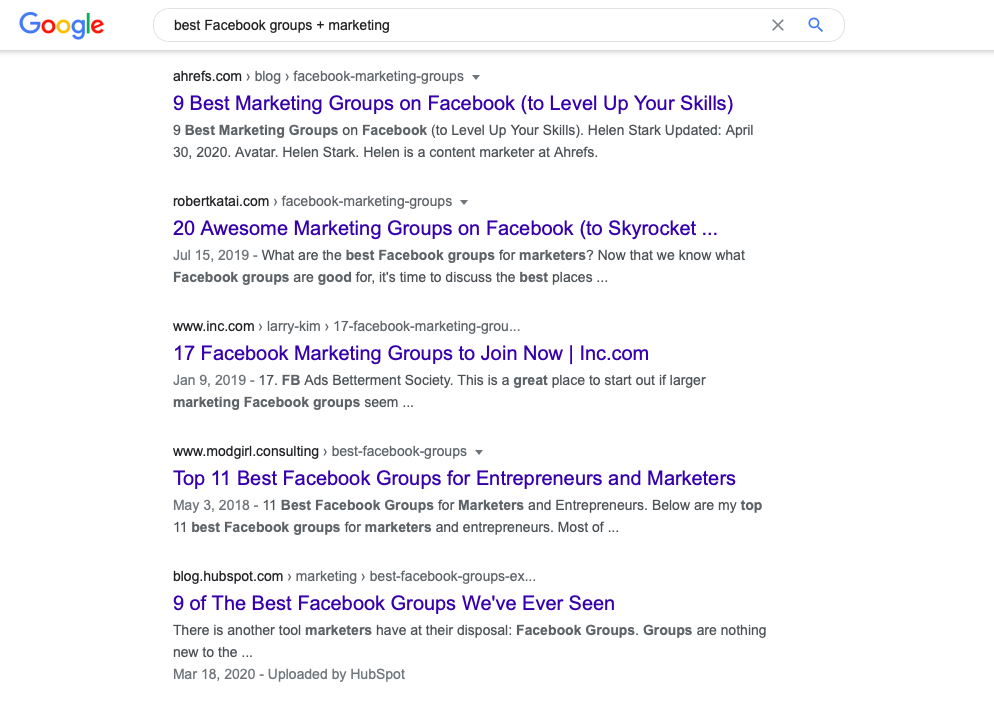 Google search for best facebook group + marketing