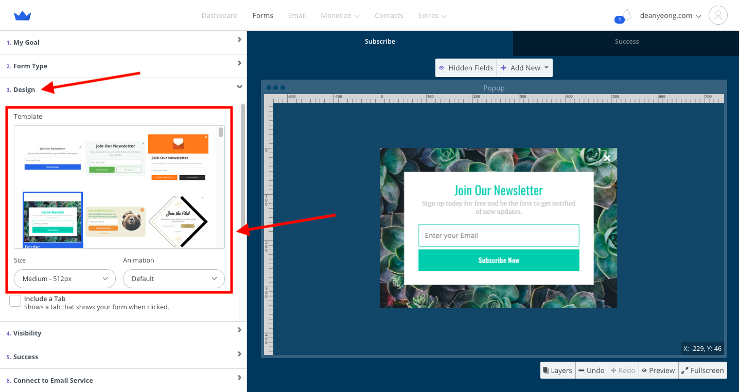 Screenshot of steps to select design from high-converting popup templates in Sumo