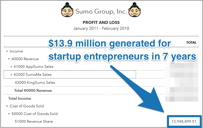 Screenshot showing the revenue generated by Appsumo in 7 years