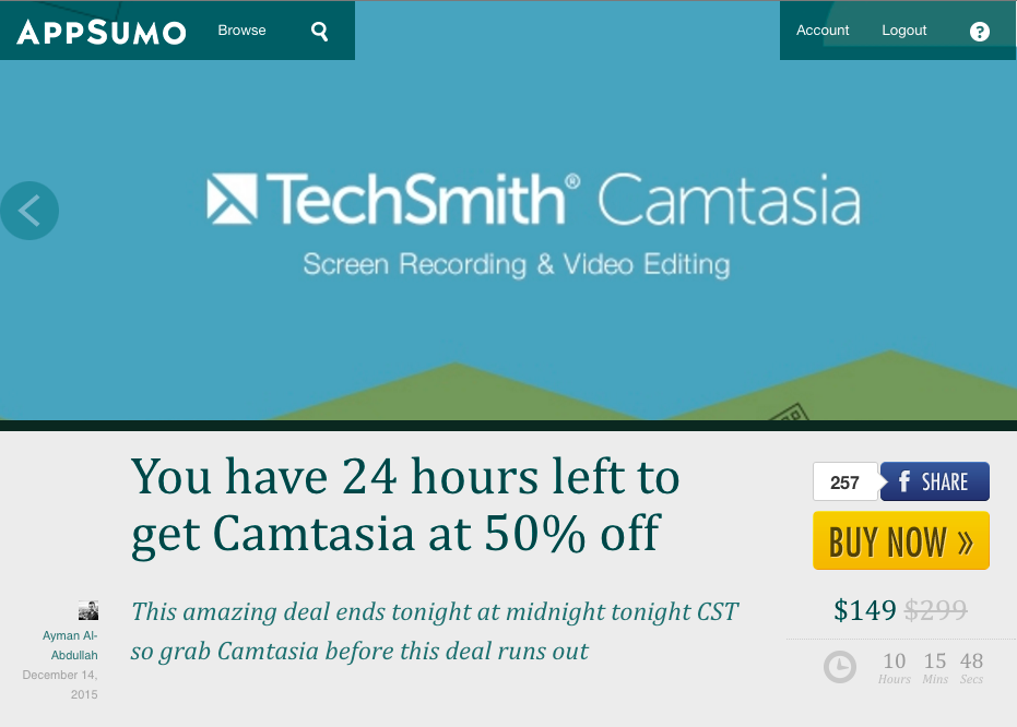 Screenshot of an appsumo deal featuring Camtasia