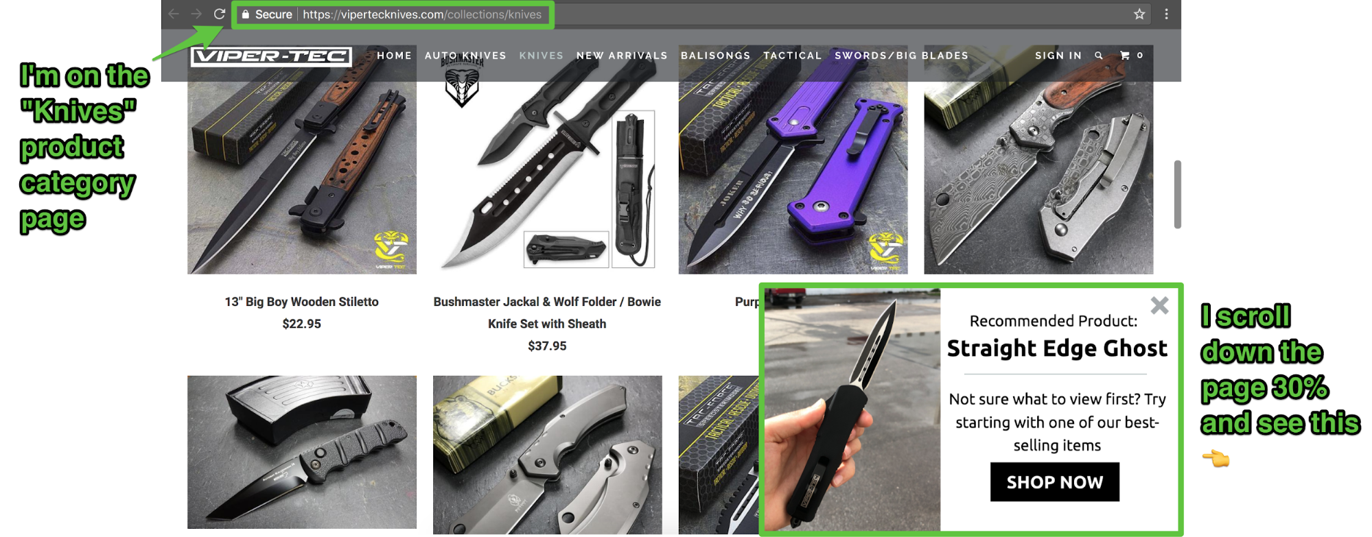 Screenshot showing different knives on sale