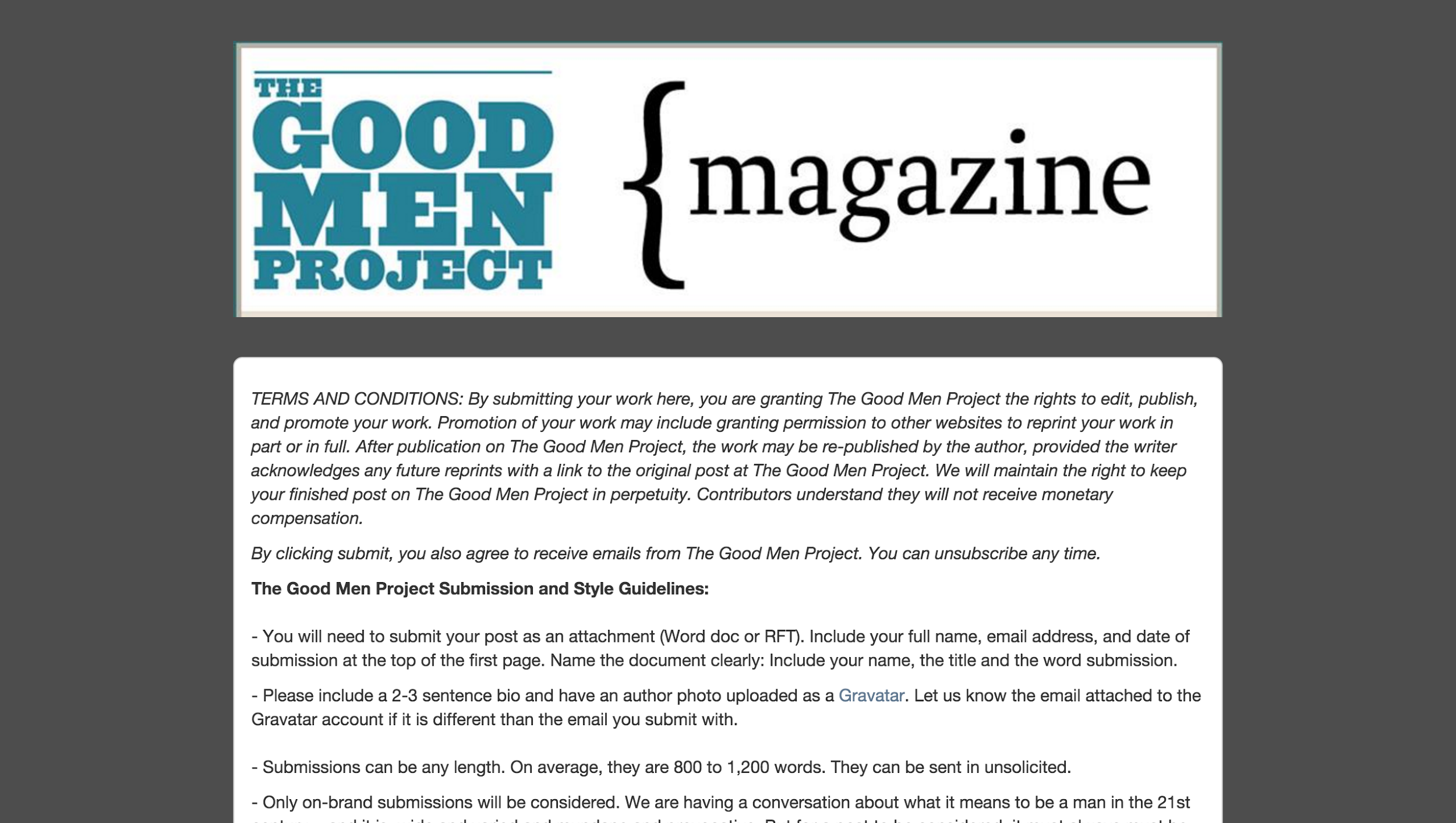 Screenshot of the guidelines for republishing on the good men project magazine