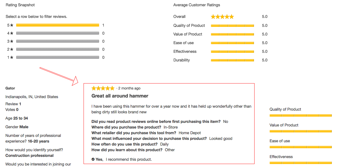 Screenshot showing reviews for a product