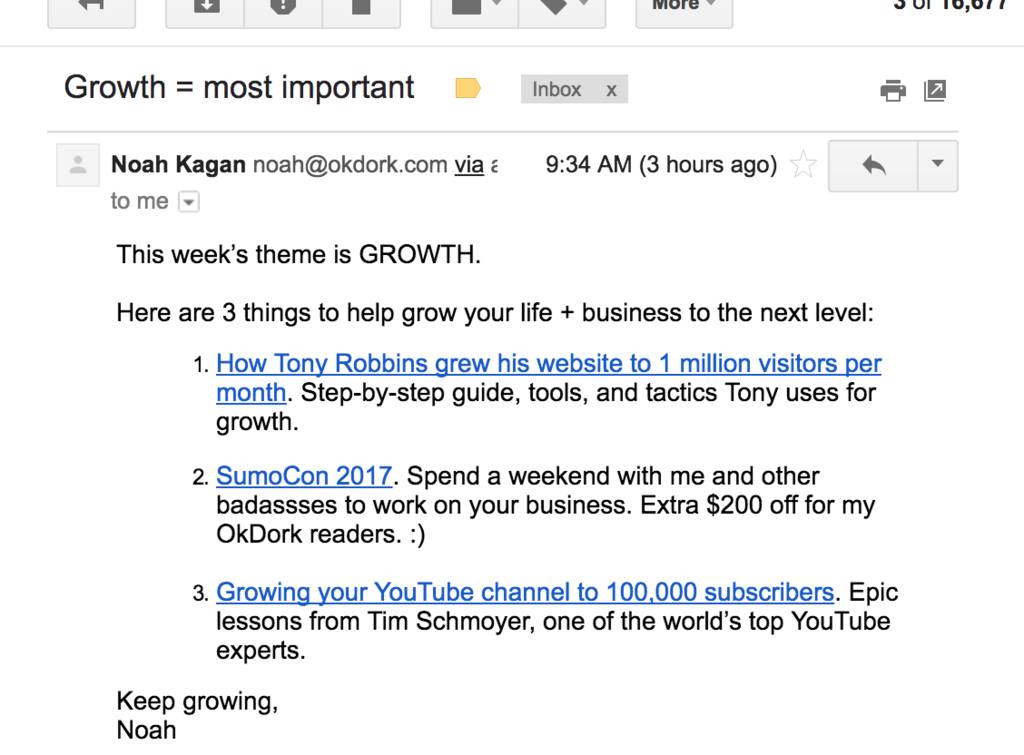 Screenshot showing an email sent by Noah Kagan