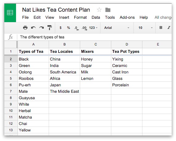 Screenshot showing different content categories in a google spreadsheet