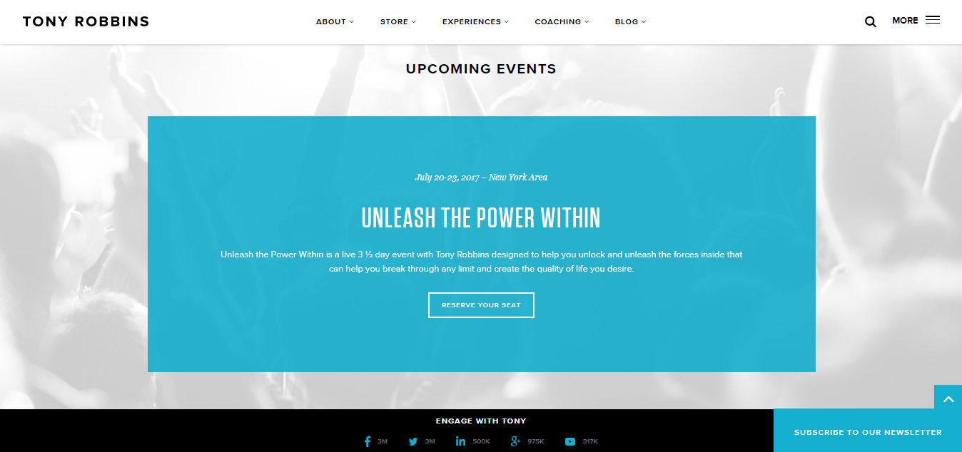 Screenshot of the events page on Tony Robbins